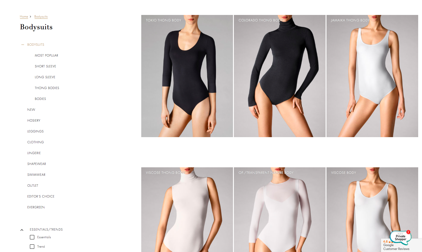 Wolford renames its string bodysuits online; adds sizing reference.